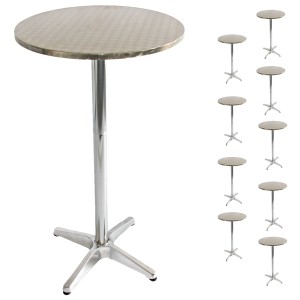 10er-Set silberne, runde Alu-Stehtische, höhenverstellbar und klappbar, Ø 60cm, für Garten und Events.