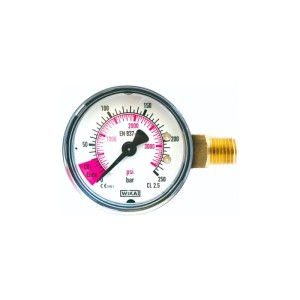 Ich-Zapfe Inhaltsmanometer, silbernes Metallgehäuse, Anzeige mit rotem Bereich für Kohlensäure-Ende.