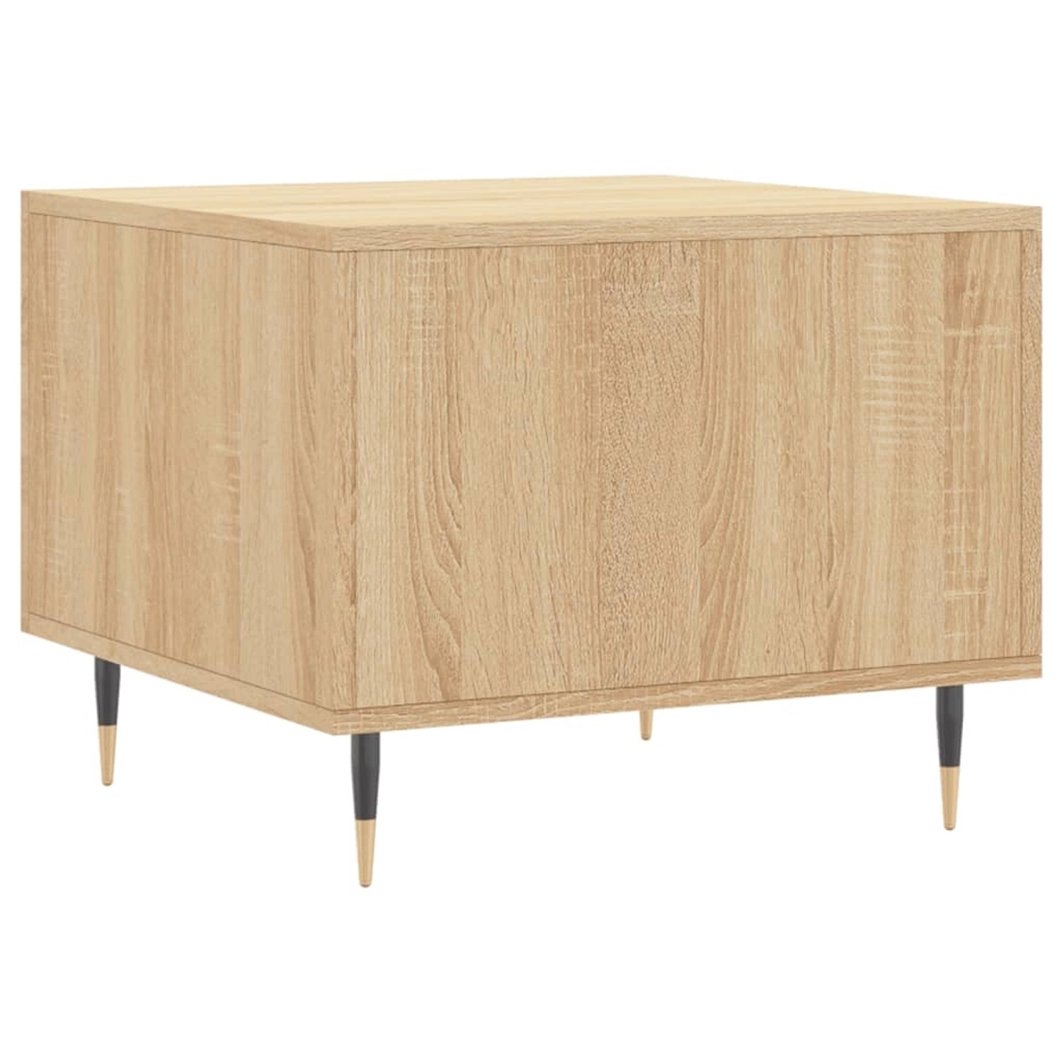 Set aus zwei Couchtischen in Sonoma-Eiche mit Schubladen und schwarzen Metallbeinen.