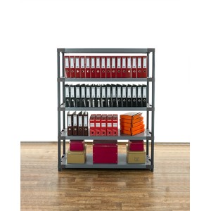 Graues PROREGAL Kunststoffregal Grey Bear Tall mit Ordnern und Boxen. Regalsystem für Büro und Lager.