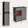Modulares Sekey Schuhregal mit Stecksystem, schwarz/transparent, in hoher 10-Ebenen- und breiter Konfiguration. Schuhaufbewahrung.