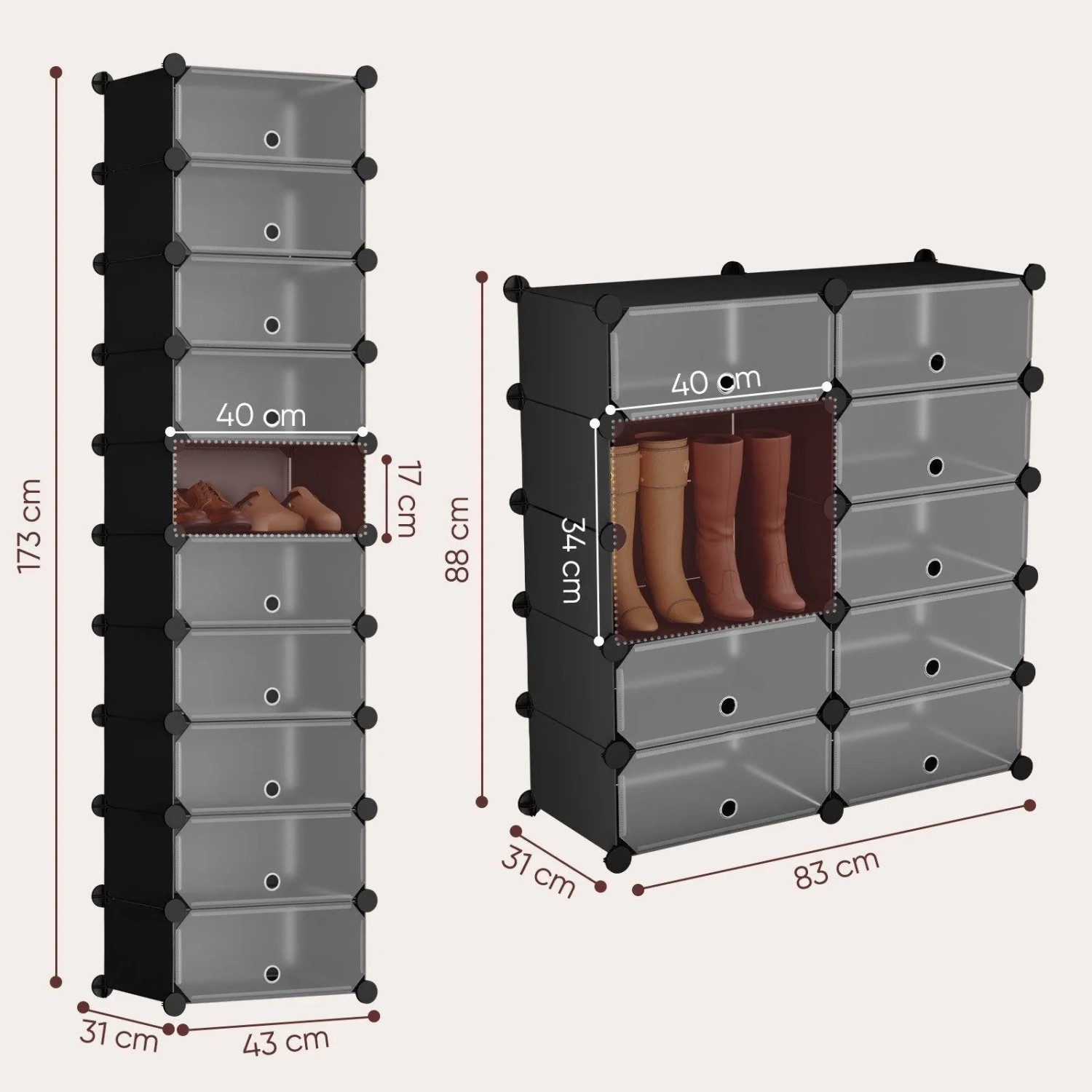 Modulares Sekey Schuhregal mit Stecksystem, schwarz/transparent, in hoher 10-Ebenen- und breiter Konfiguration. Schuhaufbewahrung.
