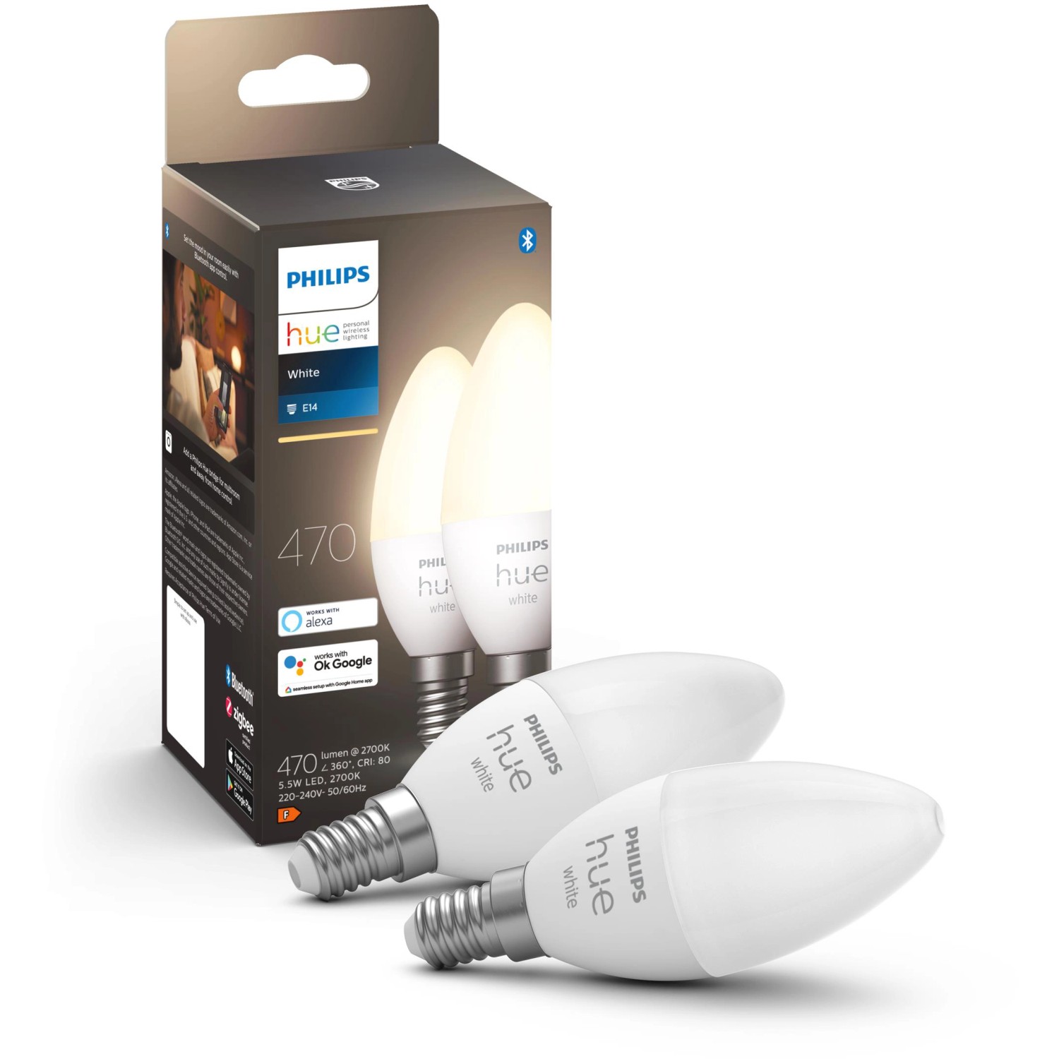 Philips Hue E14 Doppelpack: 2 warmweiße Leuchtmittel, 470 Lumen, für smarte Beleuchtung.