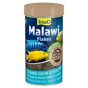 Tetra Malawi Flakes Flockenfutter 250 ml für Cichliden. Blauer Behälter mit Fischmotiven und Futterflocken.