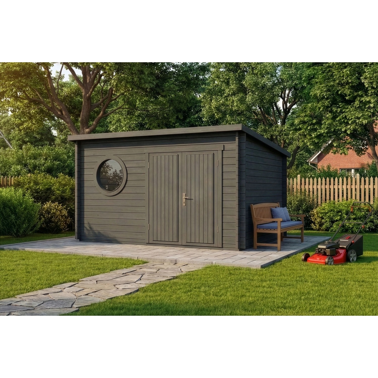 Alpholz Holz-Gartenhaus Maria Rondo B 400x320cm Imprägniert Grau 34mm Wandstärke