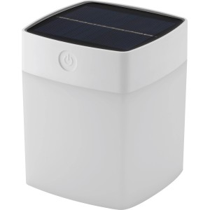 Weiße Solar-Tischleuchte in Quaderform zur Deko-Beleuchtung im Außenbereich.