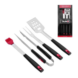 Taino Grillbesteck 4-teilig: Edelstahl Grillzange, Wender, Gabel und Pinsel für BBQ.