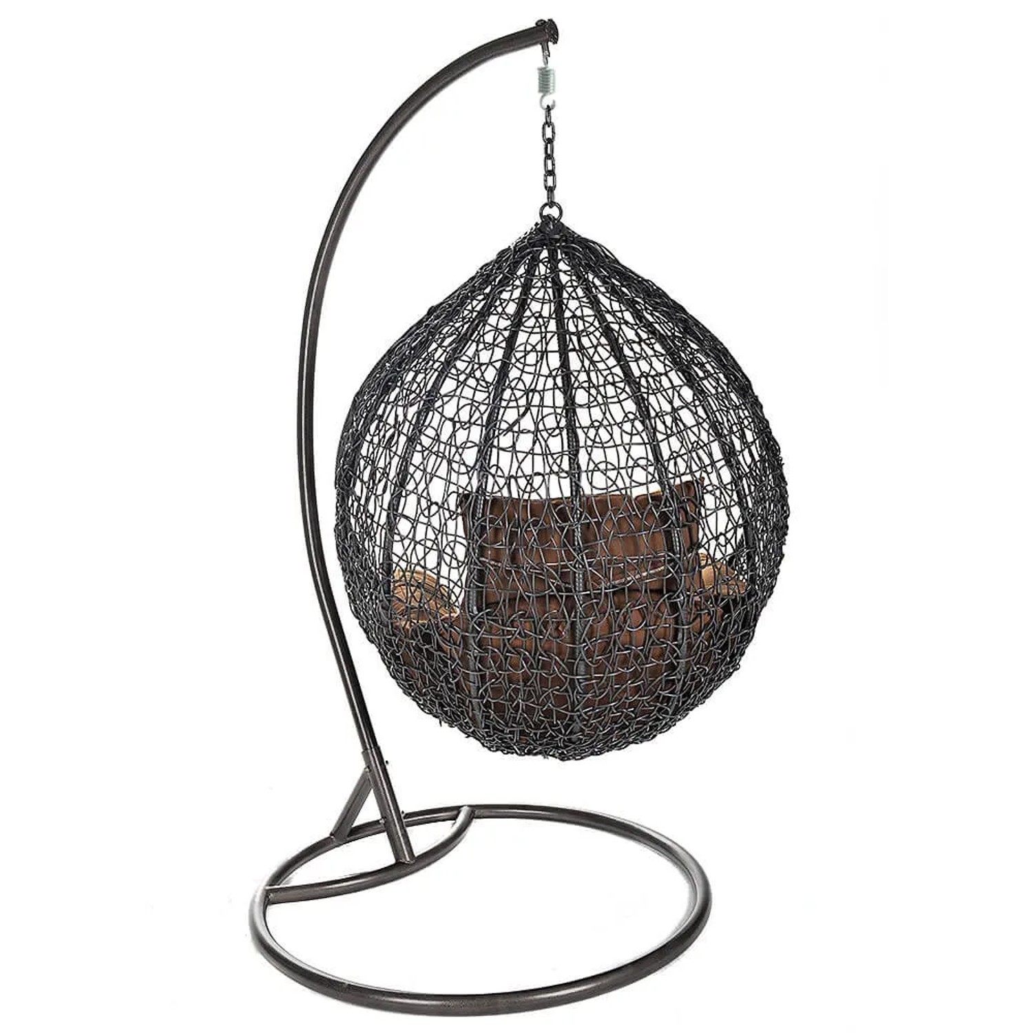 Grauer Home Deluxe Hängesessel Cielo aus Polyrattan mit Gestell und braunen Kissen.