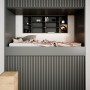Akustikpaneel Linoleum Pewter Filz Schwarz als Wandverkleidung im Schlafzimmer.