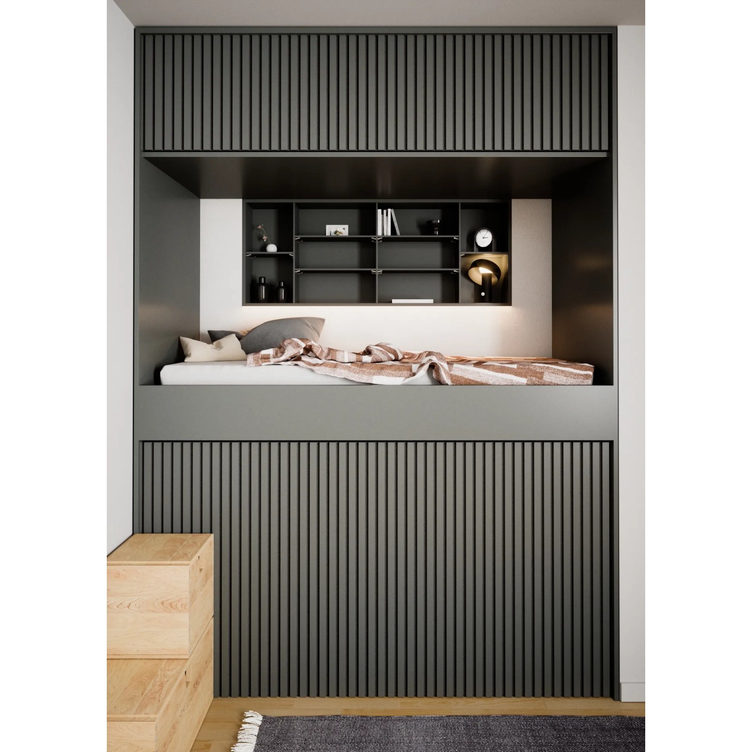 Akustikpaneel Linoleum Pewter Filz Schwarz als Wandverkleidung im Schlafzimmer.