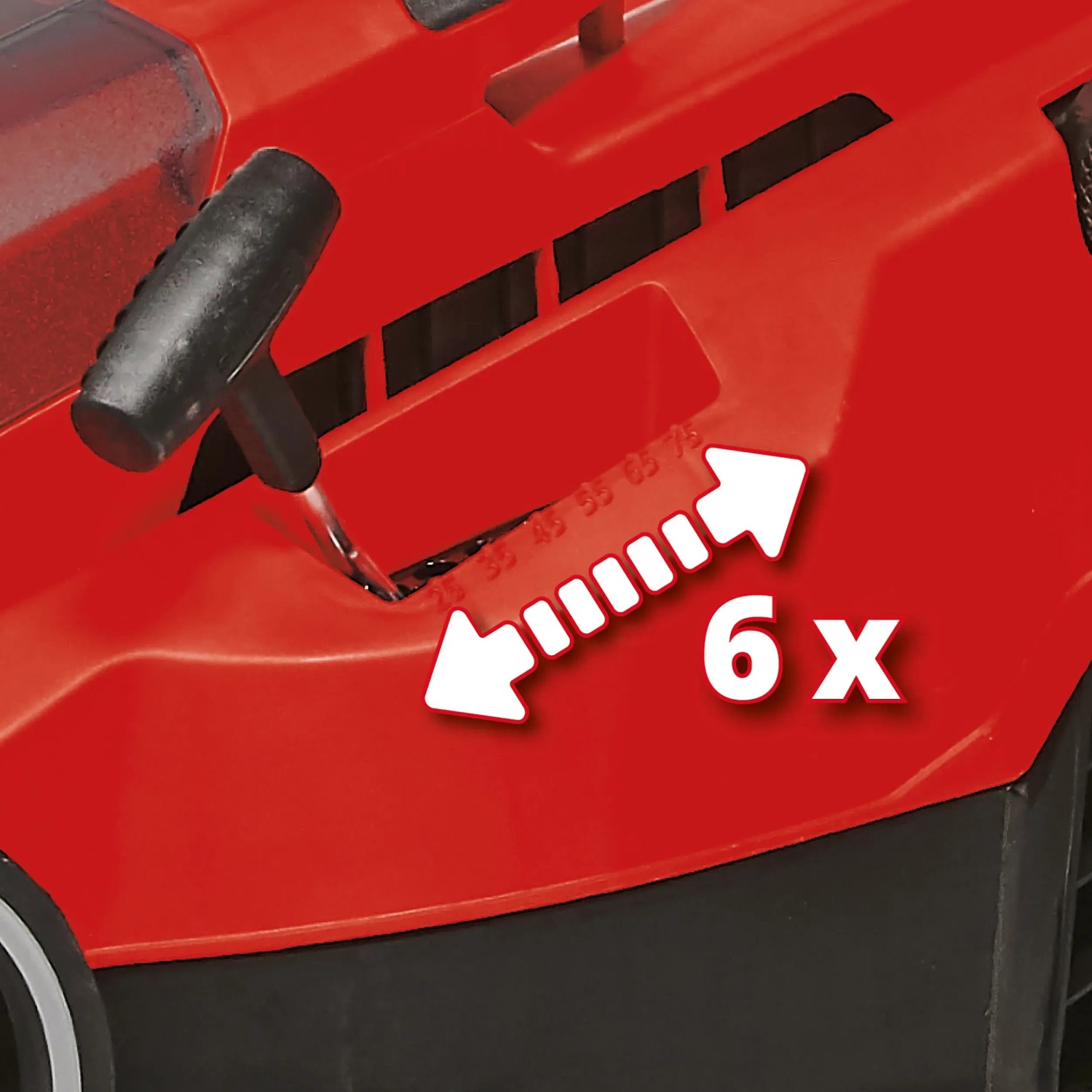 Detailaufnahme des Einhell Akku-Rasenmähers GE-CM 36/37 Li Solo mit 6-stufiger Schnitthöhenverstellung.