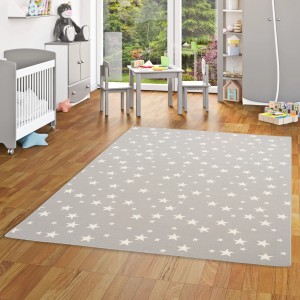 Grauer Kinderteppich mit Sternenmuster, 80x160 cm, geeignet für Fußbodenheizung.