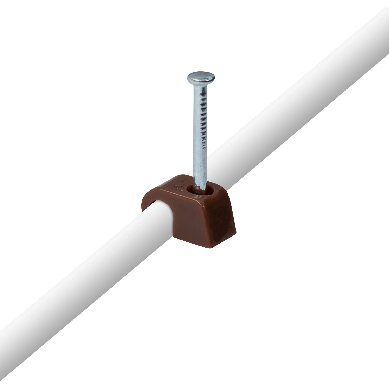 Braune Expressschelle mit Nagel zur Kabelbefestigung (Ø 4-7 mm).