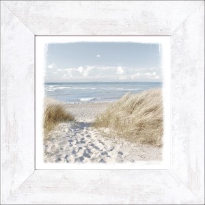 Gerahmtes Bild Oase der Sinne, 44x44 cm, mit Strand-Motiv und weißem Rahmen.