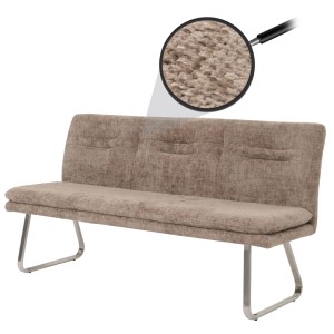 Braune BERLINLODGE Sitzbank aus Chenille-Stoff mit gebürsteten Edelstahlbeinen. Gepolsterte Rückenlehne mit Ziernaht. Detailansicht des Stoffes.