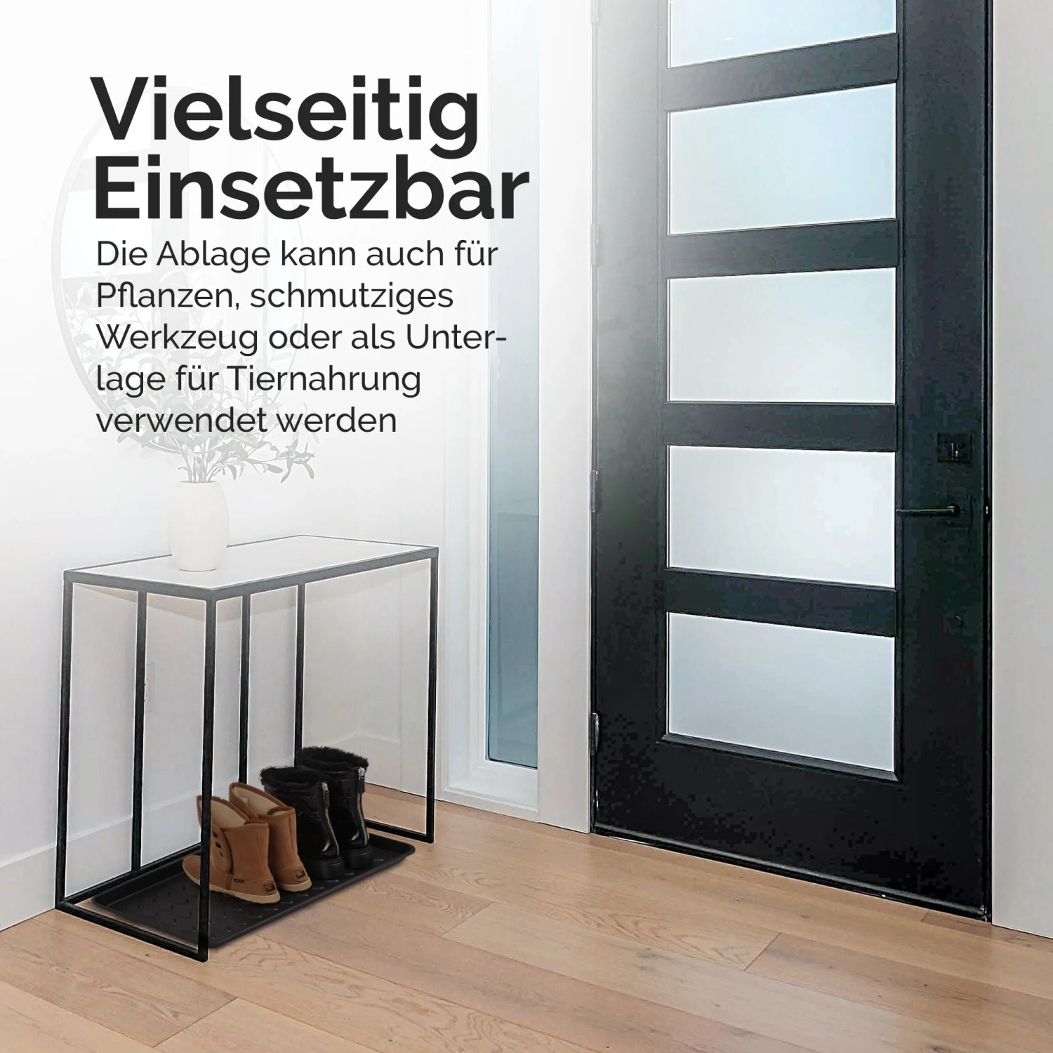 Bestlivings Schuhabtropfschale mit Schuhen unter Tisch im Flur. Fußmatte zum Schutz vor Schmutz.