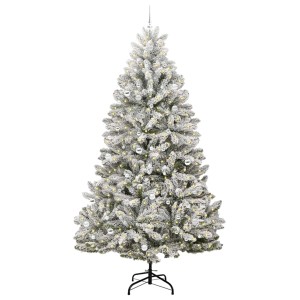 Künstlicher, grün-weißer Weihnachtsbaum (270 cm) mit Schnee, Lichtern und Kugeln.