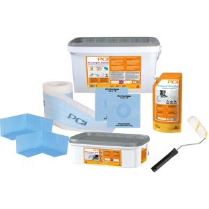 PCI Lastogum Dichtset für Bad und Dusche: Flächenabdichtung, Grundierung, Dichtmanschetten, Dichtband, Rolle.