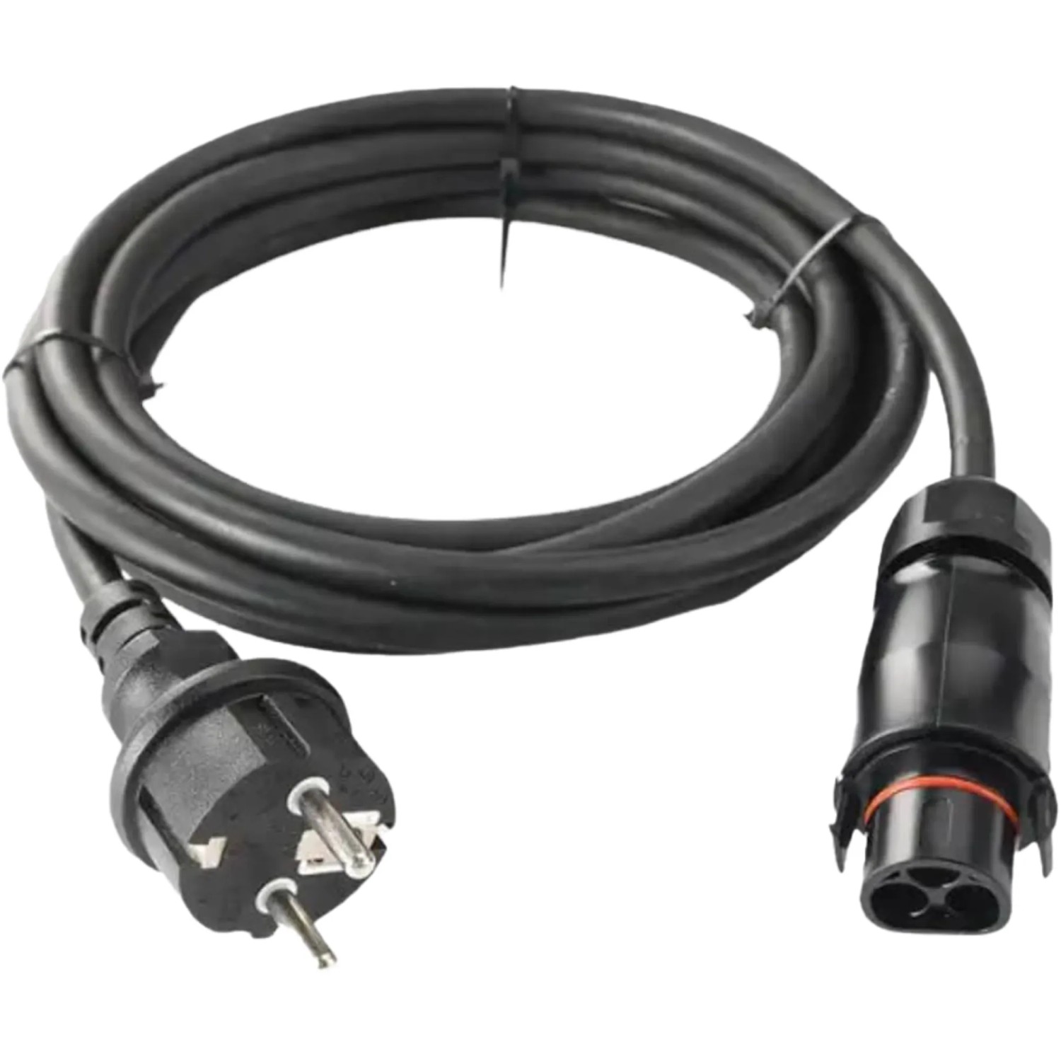 Schwarzes Anschlusskabel (5m) für Vale Balkonkraftwerk Mini-PV mit Schuko-Stecker und Stecker für Wechselrichter.
