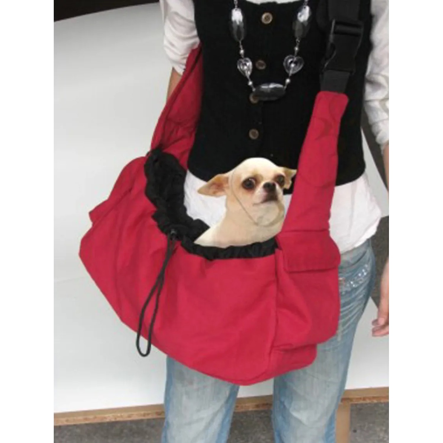 Rote Heimtier-Tragetasche (40 cm) mit kleinem Hund. Ideal für unterwegs.