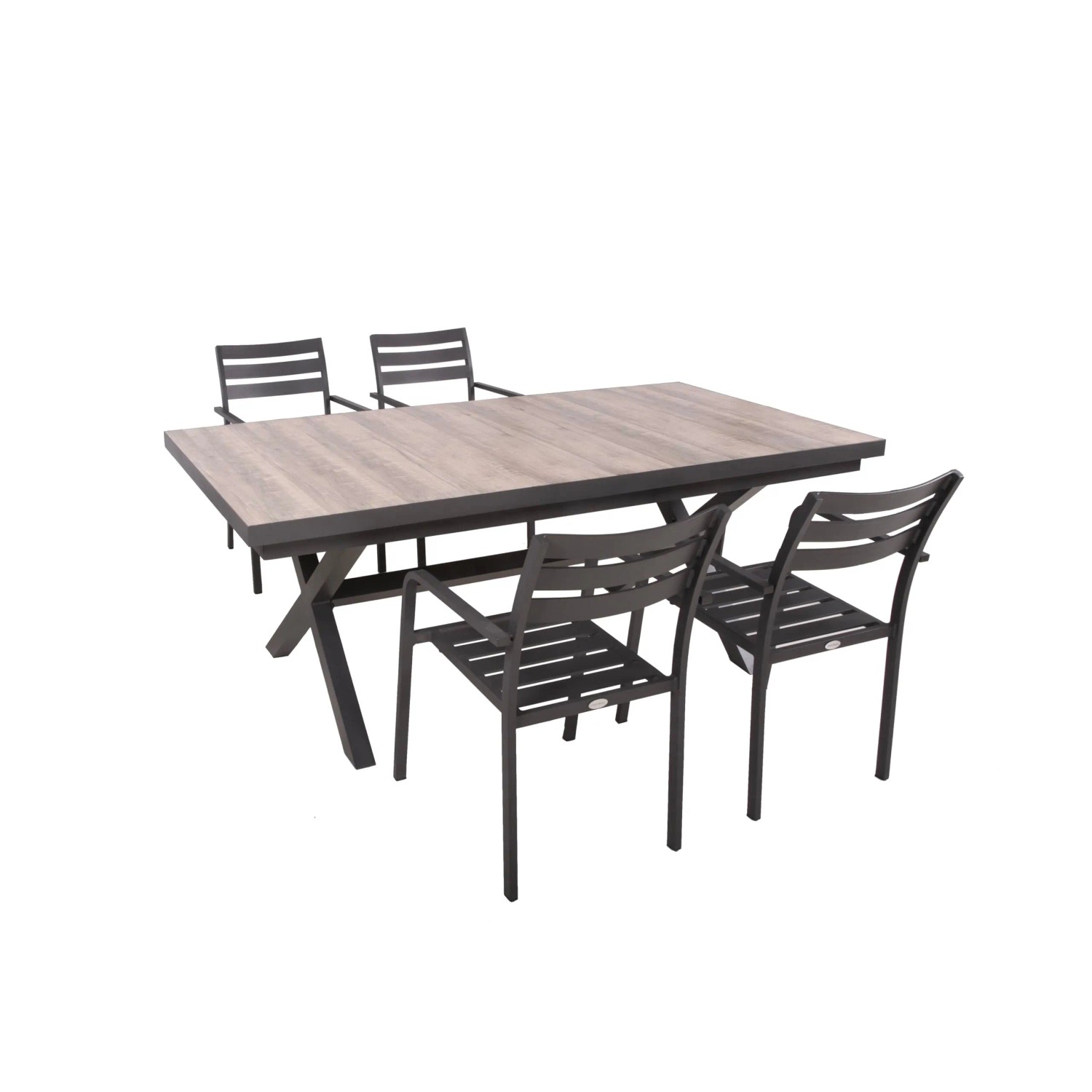 DELUKE Garten-Sitzgruppe JANA 5-tlg. Alu-Keramik Eiche-Optik Grau Gartenmöbel-Set Garten-Essgruppe Stapelstühle B Esstis...