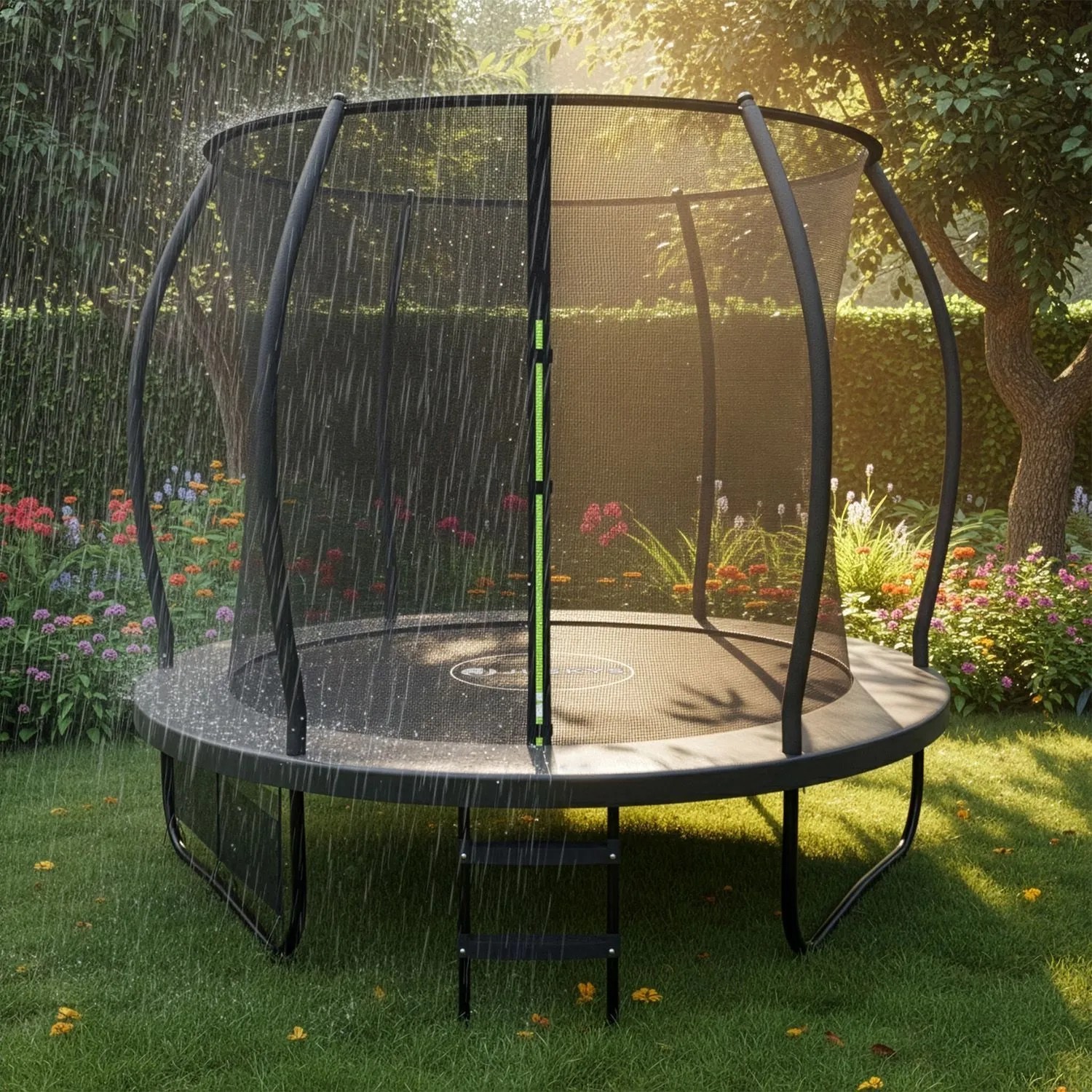 Juskys Trampolin SkyBounce S, schwarz/anthrazit, mit Sicherheitsnetz im Garten bei Regen.