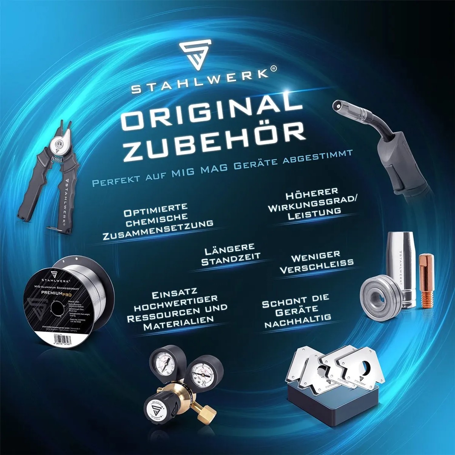 STAHLWERK MIG MAG Aluminium Schweißdrahtrolle, Brenner, Zange und Druckminderer. Original Zubehör für Schweißgeräte.