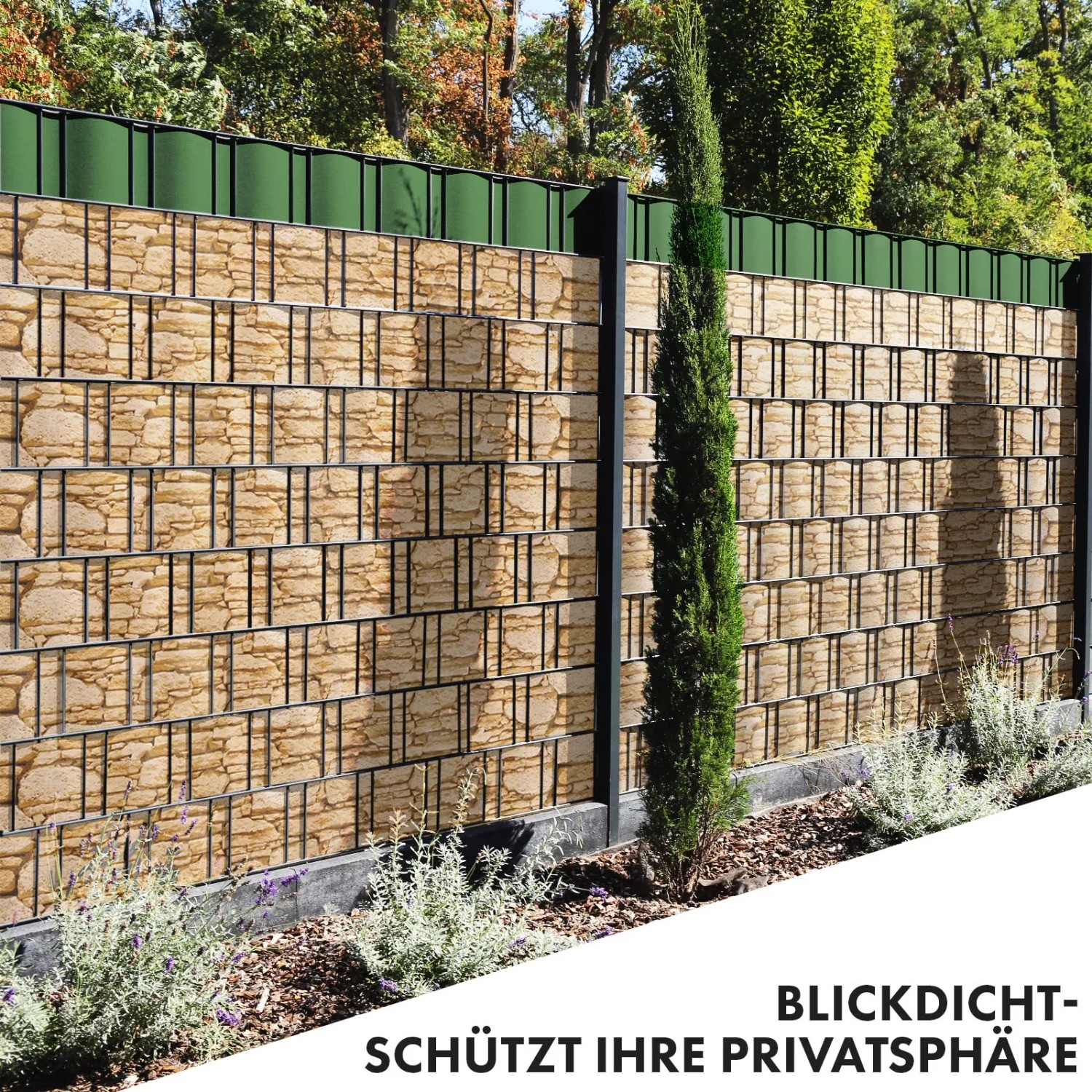 Blickdichter KARAT PVC Sichtschutzstreifen in Steinoptik für Gartenzäune.