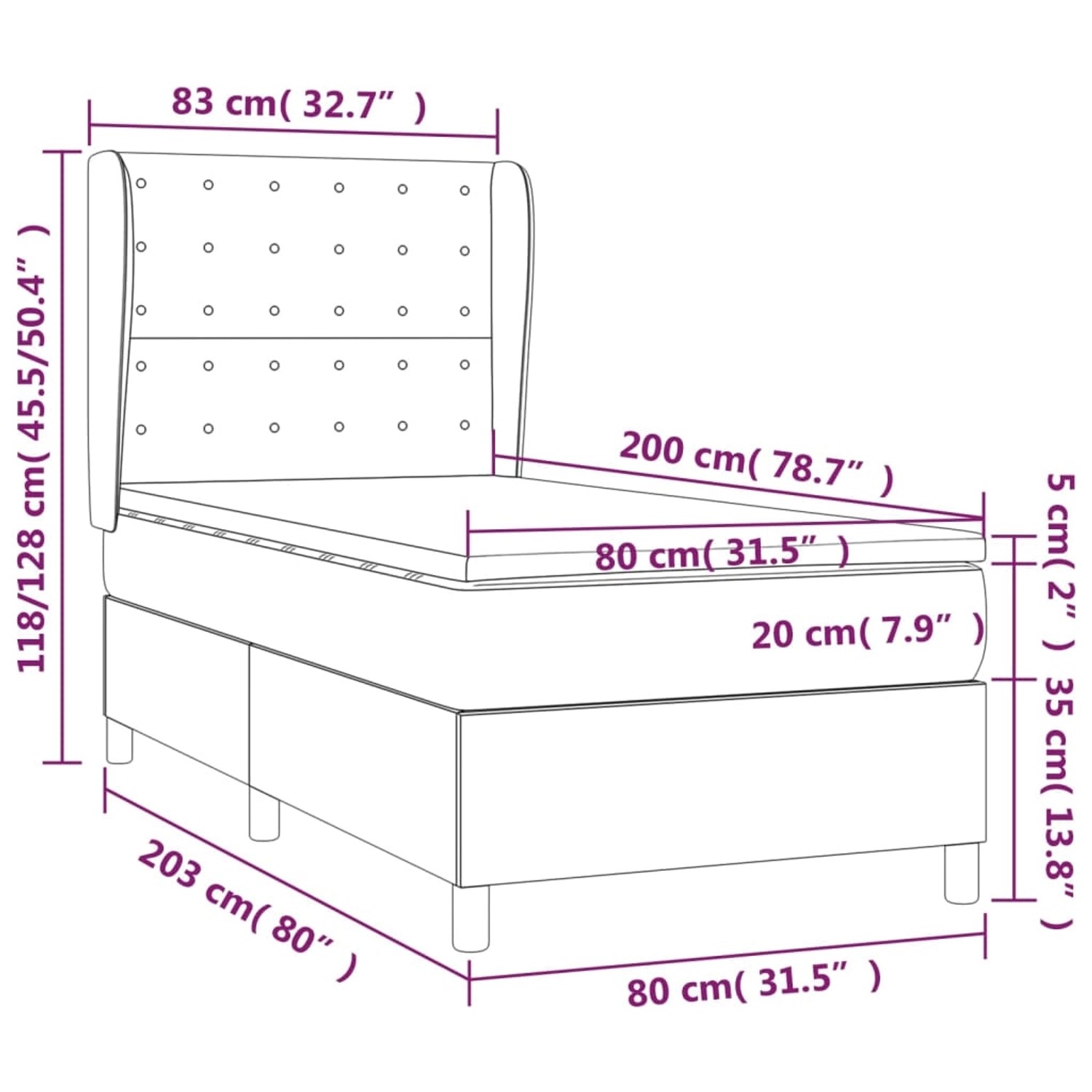 vidaXL Boxspringbett blau, 80x200 cm mit Matratze und Kopfteil, Stoffbezug.