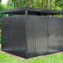 Floraworld Metall-Gerätehaus in Anthrazit, 6,43 m², mit Doppeltür im Garten.