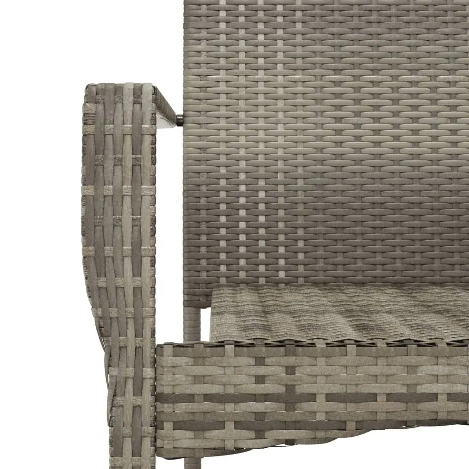 Detailansicht: Grauer vidaXL Gartenstuhl aus Polyrattan mit Armlehne, Teil der 7-tlg. Essgruppe.