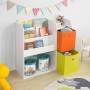 Weißes SoBuy Kinder Bücherregal mit 5 Ablagen und Spielzeug in bunten Boxen.
