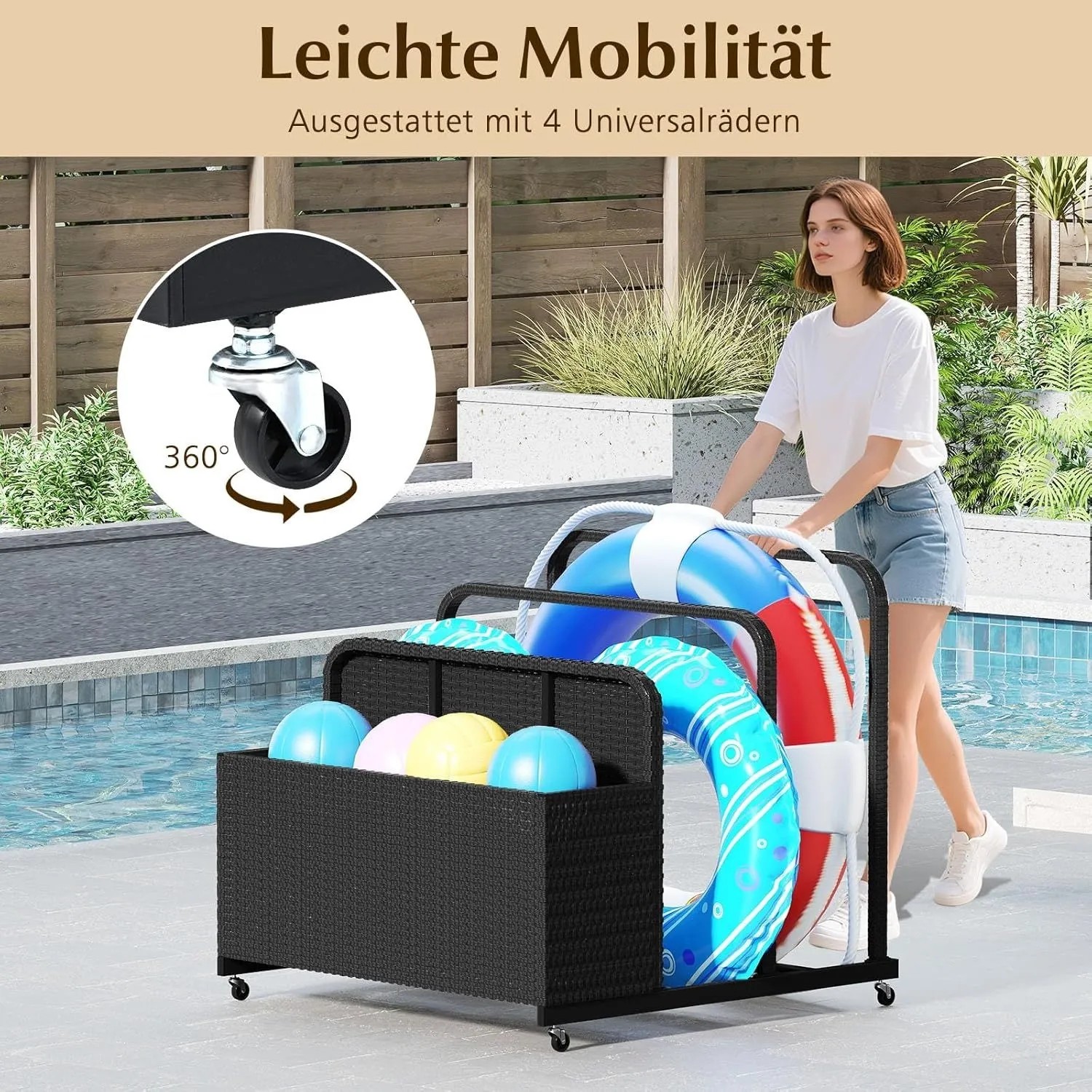 Costway Pool Aufbewahrungskorb mit Rollen Pe Rattan Schwarz_6