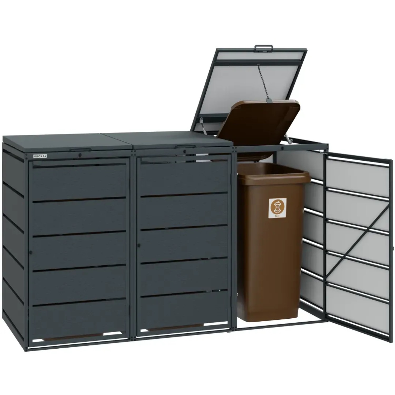 MBOX24 Mülltonnenbox Classic für 3 Tonnen in Anthrazit, Stahl, mit geöffnetem Deckel und Tür.