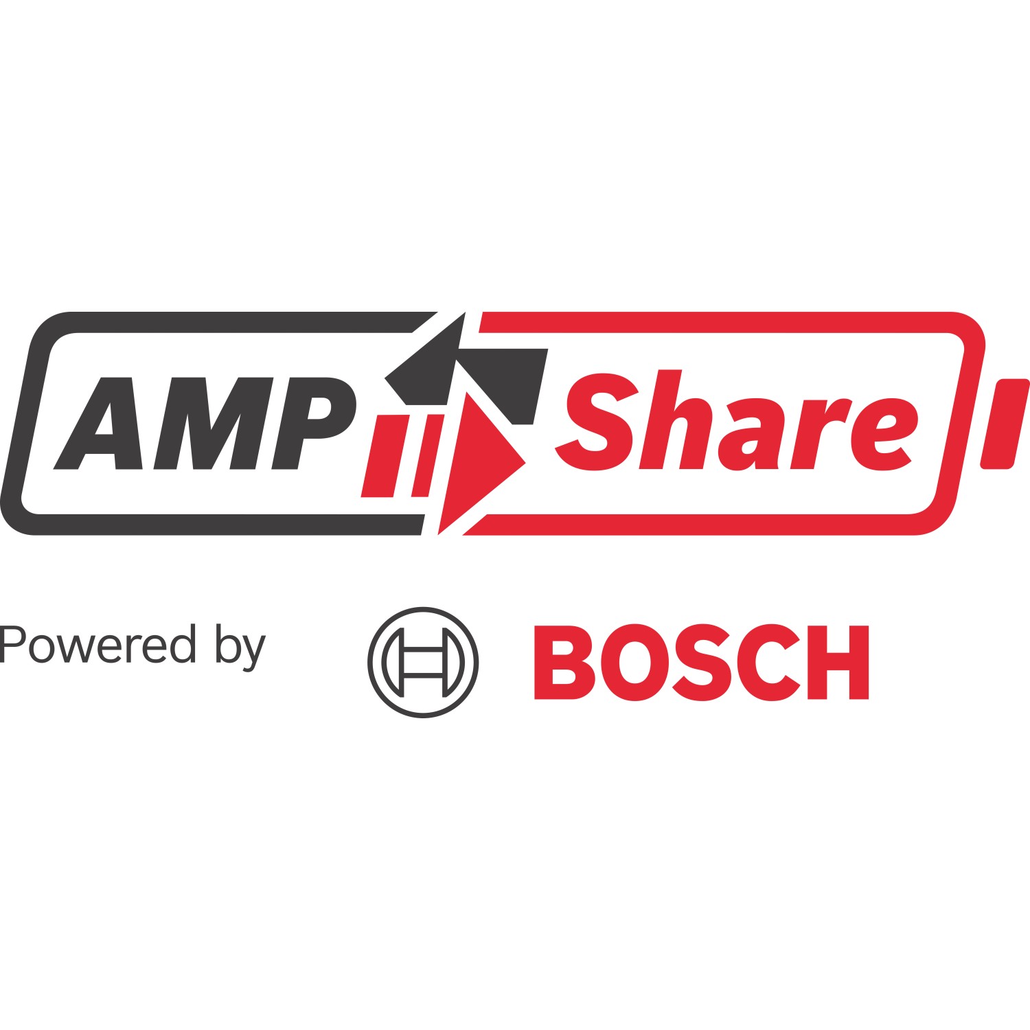 AMPShare Logo, Powered by Bosch. Akku-Kompatibilität für Bosch Professional Akku-Rasentrimmer.