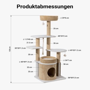 Maße des beigen Wiltec Fudajo Forest Oak Kratzbaums, 138 cm hoch, mit Plattformen, Katzenhaus und Kratzstämmen.