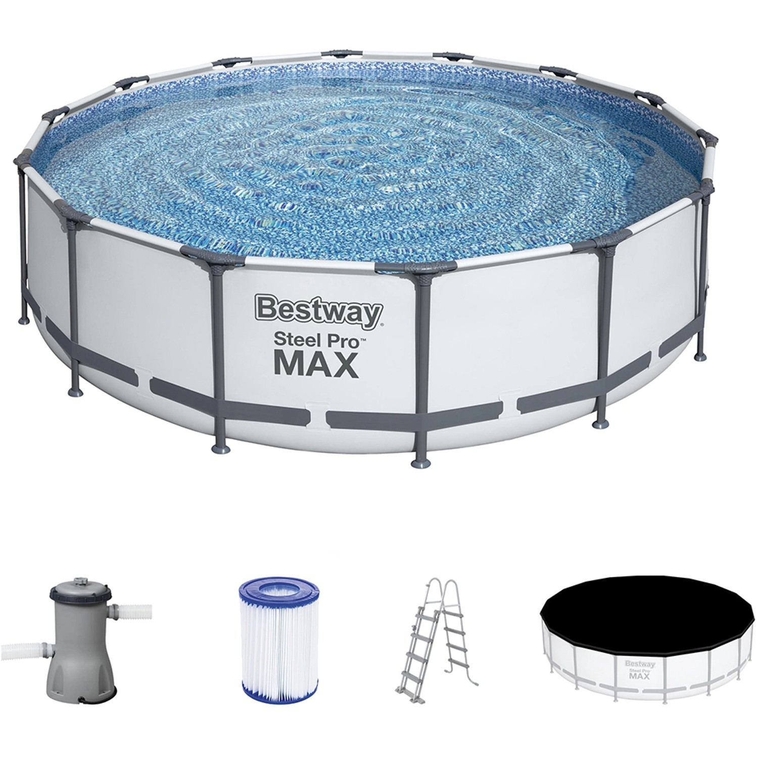 Bestway Stahlrahmen Pool Set Steel Pro Max, Ø 427 cm, mit Filterpumpe, Leiter und Abdeckplane.