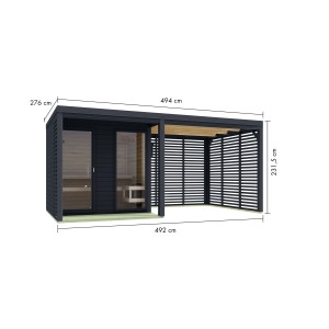 Chillroi Saunahaus Angelus L mit Anbau und Ofen. Schwarzes Holzhaus mit Glasfront und Lamellenwand.