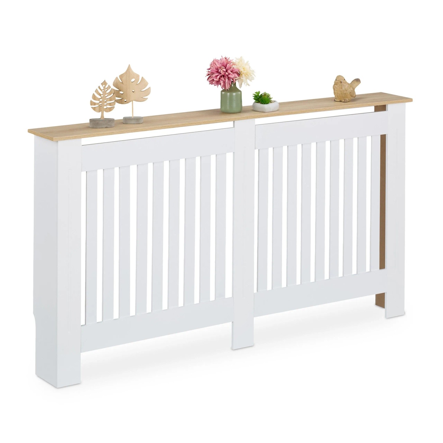 Relaxdays Heizkörperverkleidung MDF Weiß mit Holzoptikablage 152 cm x 19 cm x 83 cm 10 kg