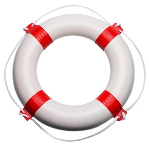 Seilflechter Rettungsring, 600 mm, weiß-blau, mit roter Markierung und Leine.