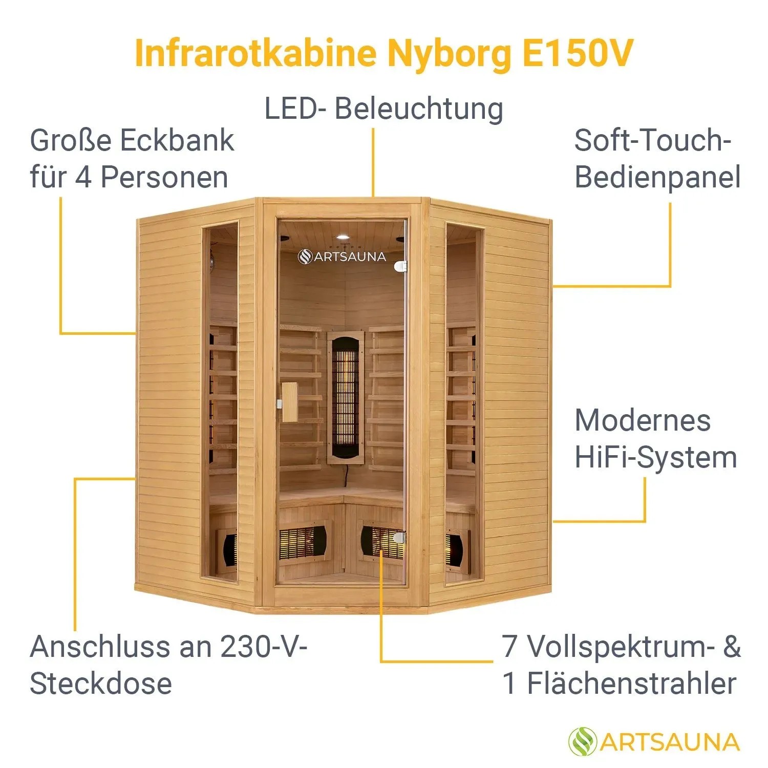 Artsauna Infrarotkabine Nyborg E150V aus Hemlockholz mit Eckbank für 4 Personen.