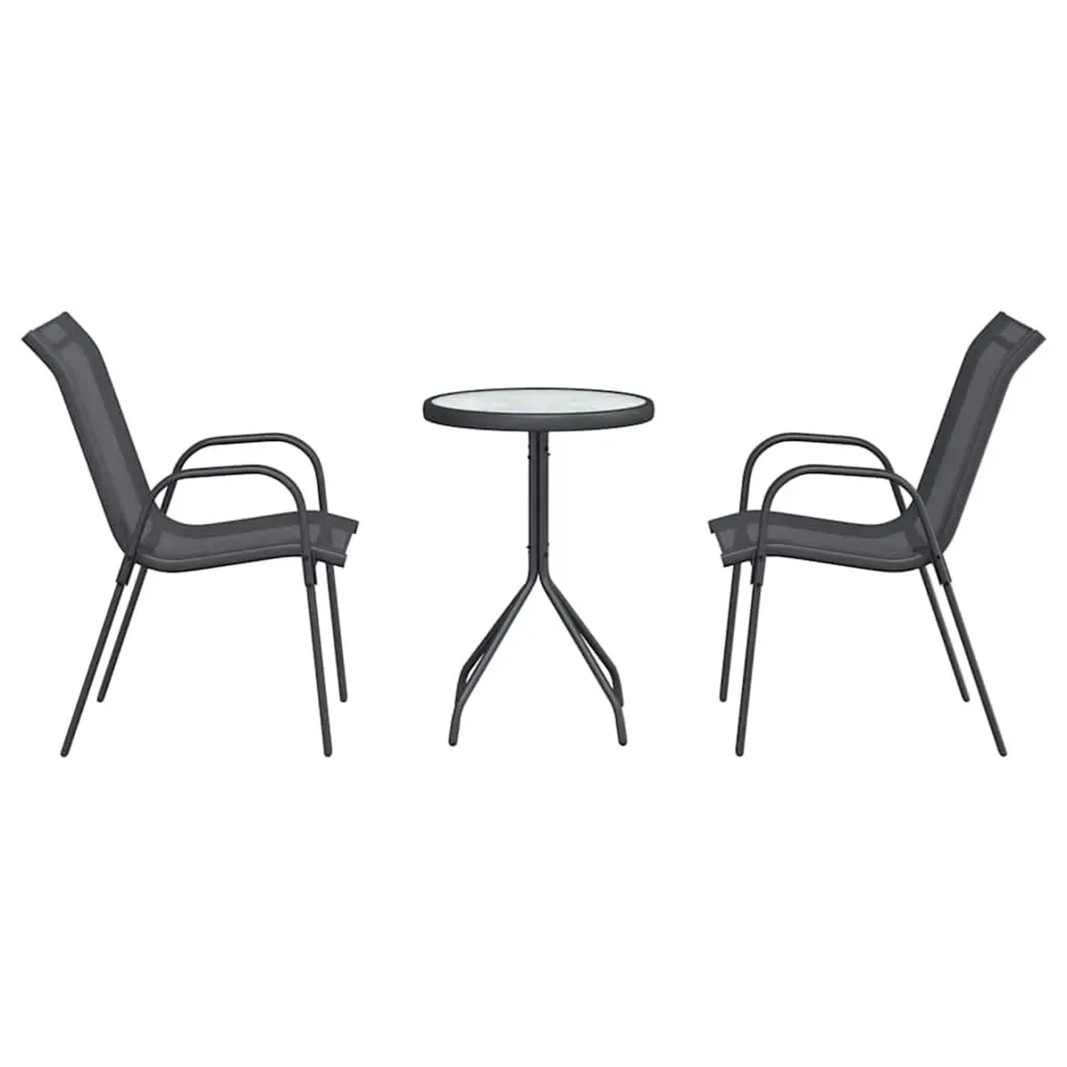 Graues 3-teiliges vidaXL Garten Bistro Set aus Stahl mit Tisch und zwei Stühlen.