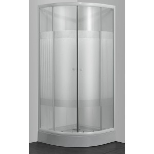 Sanotechnik Viertelkreis-Duschkabine, 90x90x180 cm, mit weißen Profilen und Streifenmuster.