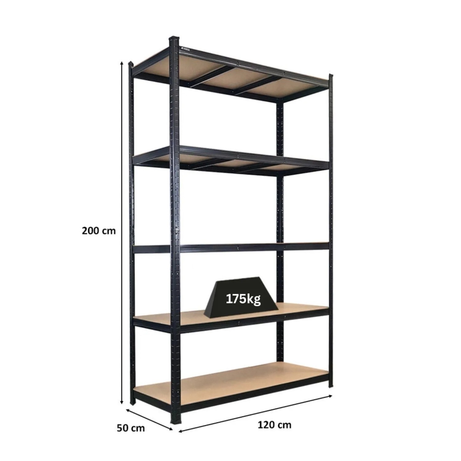 Schwarzes PROREGAL Schwerlastregal Giant Ragnar mit 5 MDF-Platten, 200x120x50cm, Fachlast 175kg.