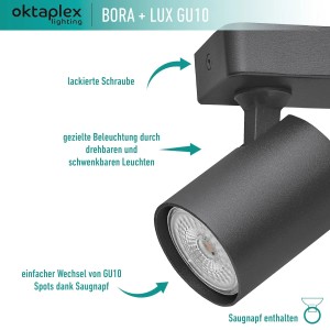 Oktaplex Bora Deckenstrahler, 2-flammig, schwarz, mit GU10 Leuchtmittel. Schwenkbare Deckenleuchte für flexible Beleuchtung.