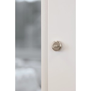 Fix-o-moll Topfmagnet Neodym, 16mm, mit Gewindebolzen an weißer Oberfläche.