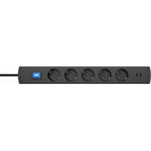 Anthrazitfarbene Kopp Steckdosenleiste mit 5 Schutzkontakt-Steckdosen, USB-Ladeport und beleuchtetem Schalter.