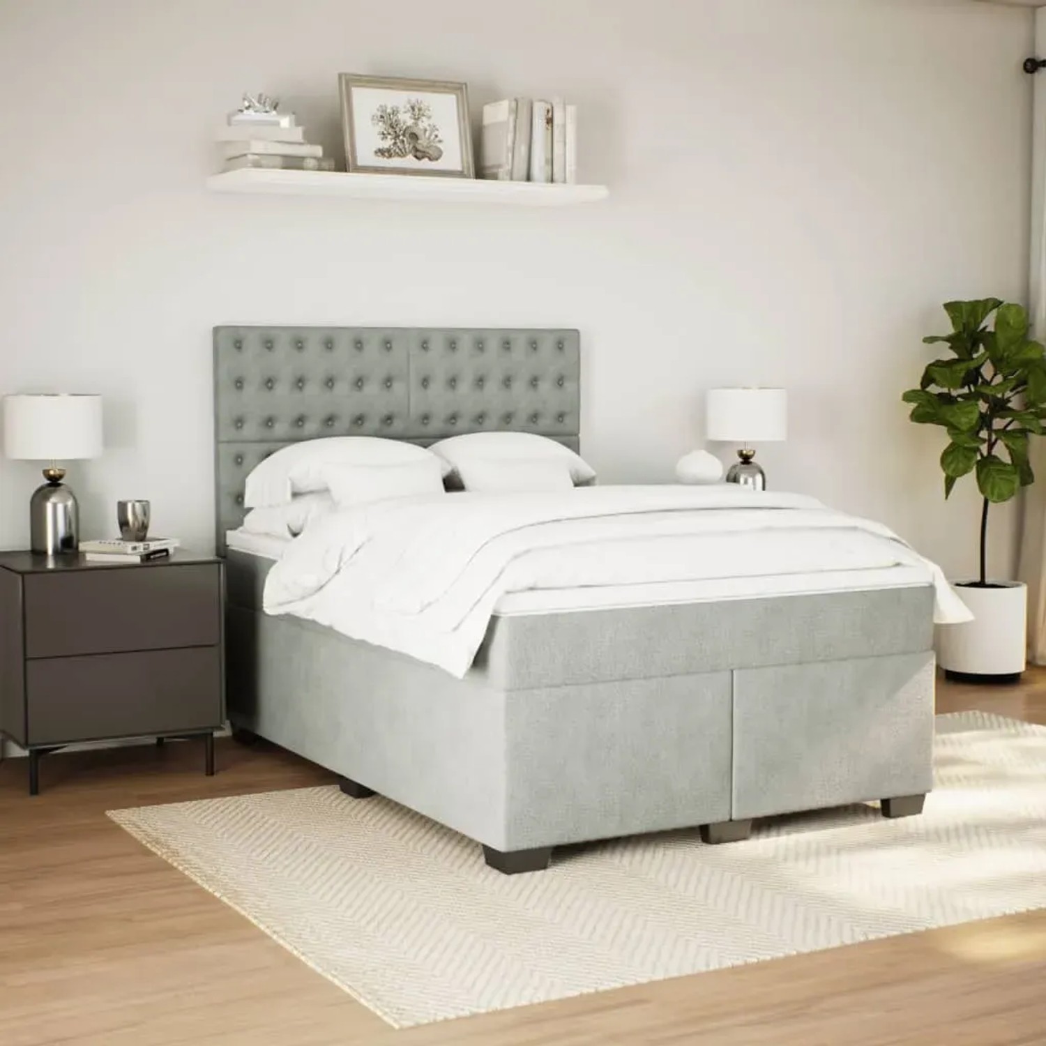 Hellgraues vidaXL Boxspringbett 140x200 cm mit Samtbezug, Matratze und Kopfteil.