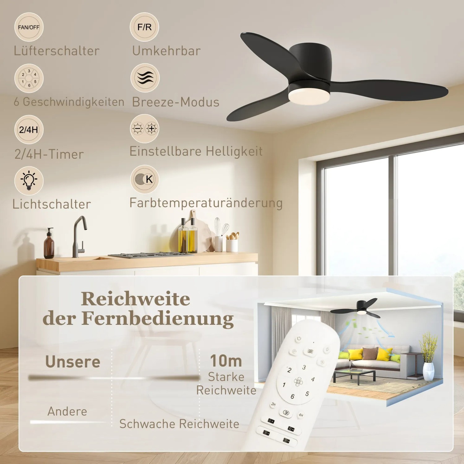 Schwarzer HOMCOM Deckenventilator mit Licht und Fernbedienung, 115 cm Durchmesser.