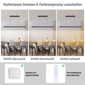 Schwarze NETTLIFE LED Pendelleuchte im Esszimmer, dimmbar mit Fernbedienung. Zeigt Warm-, Neutral- & Kaltweiß. Steuerbar per Schalter.